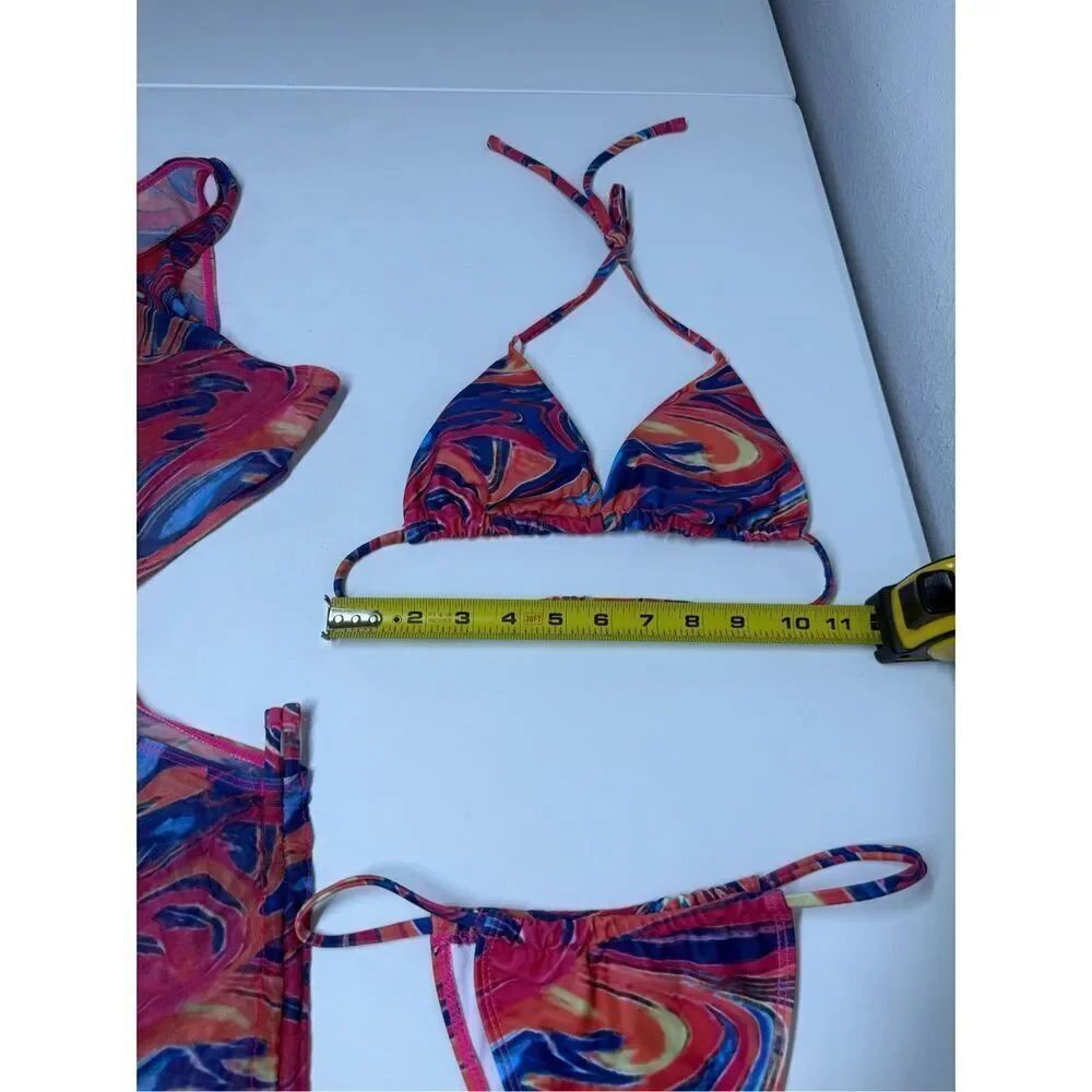 Fluid Print Triangle Halter Tie Strap Backless Bikini Set Cut Out Tie Side Sz S - Picture 11 of 16